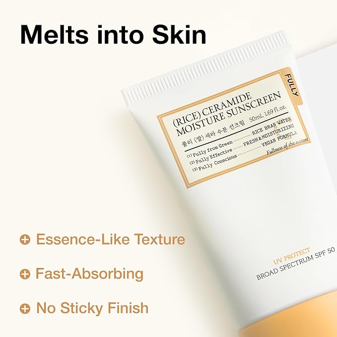 FULLY Rice Ceramide Moisture Sunscreen, SPF 50, No White Cast, 1.69 fl oz | Non-Sticky Finish, Lightweight, Korean Broad Spectrum Sunscreen for All Skin Types, Panthenol for Hydrating and Glowing