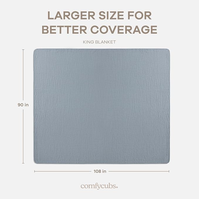 Comfy Cubs Adult Muslin Blanket 108x90” King Swaddle Blankets, Pacific Blue | 6 Layer Soft, Breathable & Lightweight Muslin Adult Blanket - Machine Washable & Designed in the US Bedding for All Seasons