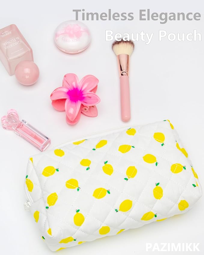 PAZIMIIK Small Quilted Makeup Bag,Zipper Cosmetic Pouch,Lemon White | Lightweight Cosmetic Bag Organizer for Women,Purse Storage Holds Makeup,Toiletries,Skincare,Beauty Essentials,Travel Items