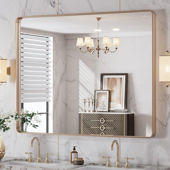 LOAAO 40"X32" Gold Bathroom Mirror | Rounded Rectangle, Brushed Gold Frame, Wall-Mounted, Anti-Rust, Tempered Glass, Hangs Horizontally or Vertically