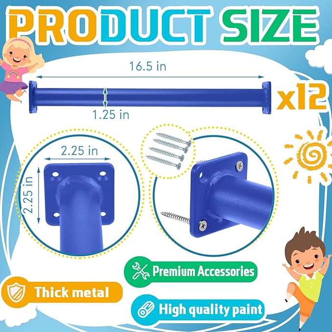 Dunzy 12 Pack Monkey Bars Swing Set Accessories Rods Playset Ladder Rungs Hardware Kit Steel Monkey Bar with Screws for Backyard Playground Equipment Mounting Plates(16.5 Inch,Blue)