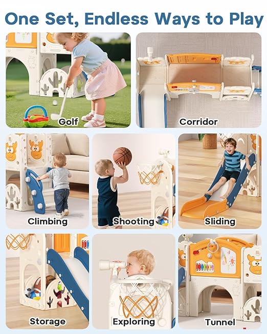 BIERUM Toddler Slide Set with Basketball Hoop, Golf Game & Drawing Board, 13-in-1 Indoor Outdoor Toddler Slides Playground for Kids Ages 1+, Kids Climber Playset for Backyard (Blue&Yellow)
