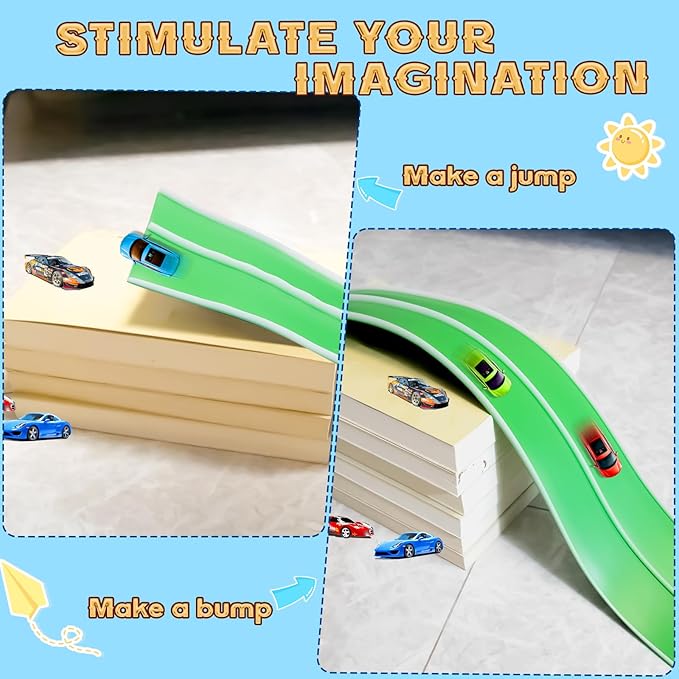 Flex Tracks 15 Ft for Kids Starter Set, Flexible Race Car Ramp Track with Suction Cups Compatible with Hot Wheels and Diecast 1/64th Cars for Ages 3 & Up (Green & White)