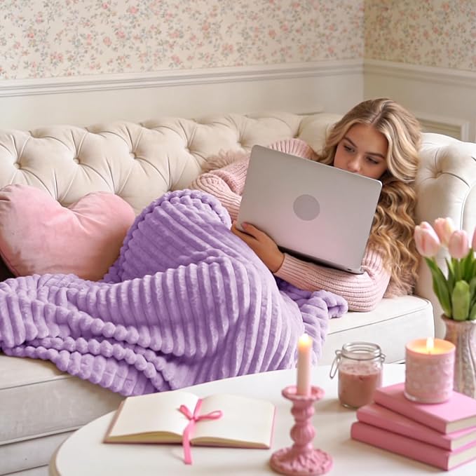 BEDELITE 3D Ribbed Lavender Fleece Throw Blanket for Couch, 50x60 Inch | Soft Warm Decorative Fluffy Blanket, Cozy Plush Lightweight Fuzzy Throw Blanket for Bed Sofa Home Room Decor, Gift for Women