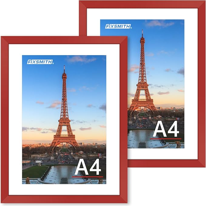 FIXSMITH A4 Picture Frame Set of 2, Red Photo Frame with HD Plexiglass, Display Pictures 6x8 with Mat or 8.3x11.7 Without Mat Multi Picture Frames Collage for Tabletop or Wall Display