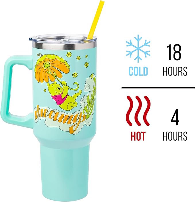 Silver Buffalo Disney Winnie the Pooh “Dreamy Days” Retro Art Stainless Steel Tumbler with Handle and Straw, Fits in Standard Cup Holder, 40 Ounces (Pack of 12)