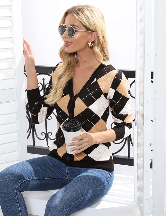 GRACE KARIN Womens Cardigan Sweater Fall Fashion Argyle Sweater Button Up Cardigan Teacher Outfits Preppy Clothes