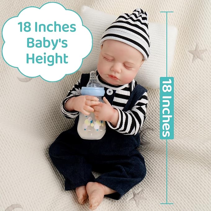 Jirachi Lifelike Reborn Baby Dolls, 18-Inch Soft Body Real Life Sleeping Baby Boy, Cute Realistic Reborn Baby with Feeding Accessories for Kids 3+