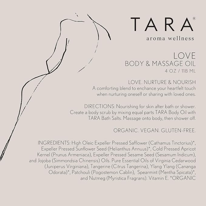 TARA Spa Therapy Love Body & Massage Oil – Premium Organic Oil for Nurturing & Sensuality, 100% Pure Essential Oils, Rose, Jasmine & Ylang Ylang, 4 oz
