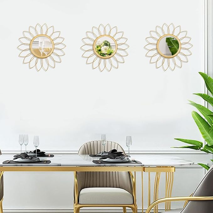 3 Pack Metal Mirrors for Wall Sunburst Wall Mirrors Home Décor Decorative Hanging Wall Art for Living Room Bedroom Entryway (Gold, Flowers)