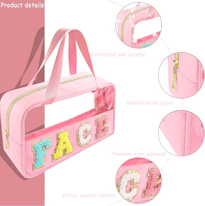 Bunliuys Chenille Letter Clear Makeup Bag Face Patch, Travel Toiletry Makeup Bag with Handle, Nylon Waterproof Makeup Bags clear cosmetic bag, preppy patch makeup bag for Women (FACE-Pink)