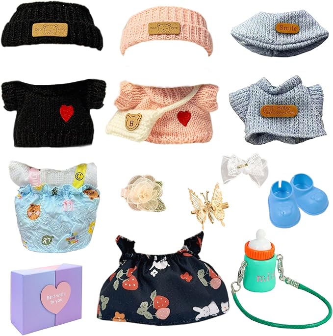 5 Outfits for 17cm Dolls (No Doll) – Stylish Mini Doll Clothes Set with Shoes, Hats, Bags & Bows – Cute Dress-Up Fashion Gift for Girls (B6, 5)