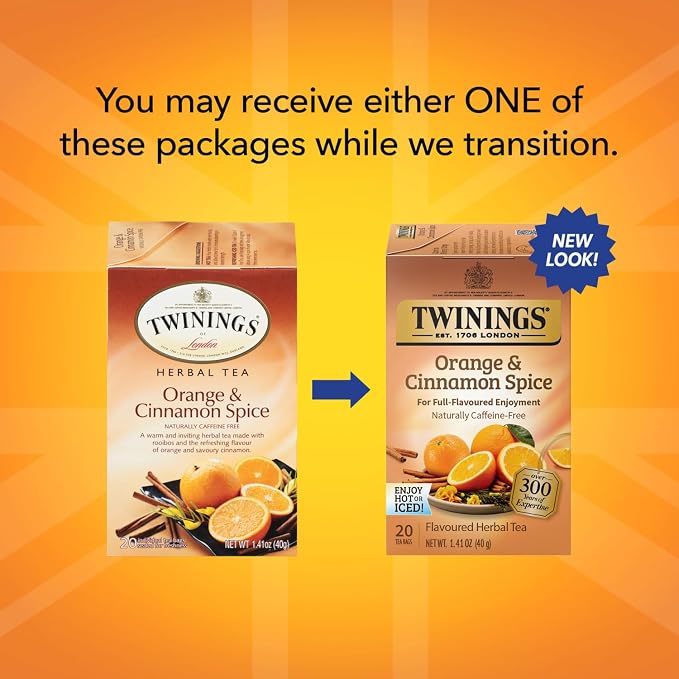 Twinings Orange & Cinnamon Spice Tea, Naturally Caffeine-Free Sweet and Spicy Tea with Rooibos, Orange, and Cinnamon, Herbal Tea Bags Individually Wrapped, 20 Count