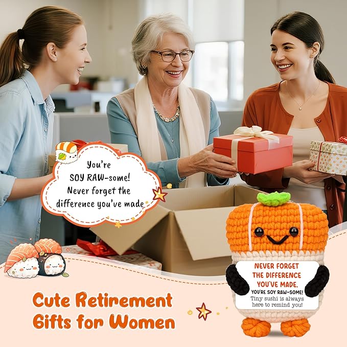 Mini Thank You Gift for Woman Coworkers Friends Teacher Appreciation Gifts-Emotional Handmade Positive Crochet Sushi for Retirement,Goodbye, Farewell, Christmas Stocking Stuffe, White Elephant Ideas