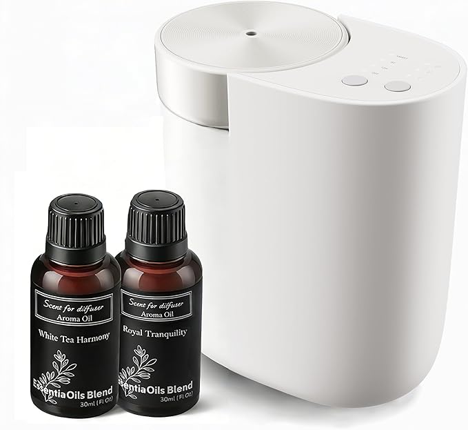 Waterless Diffuser for Essential Oil, Plug in Wall Scent Diffuser for Home, Quiet Cold Air Aromatherapy Diffuser with 500 Sq Ft Coverage, Includes 2×30ml Hotel-Inspired Oils (Pure White)