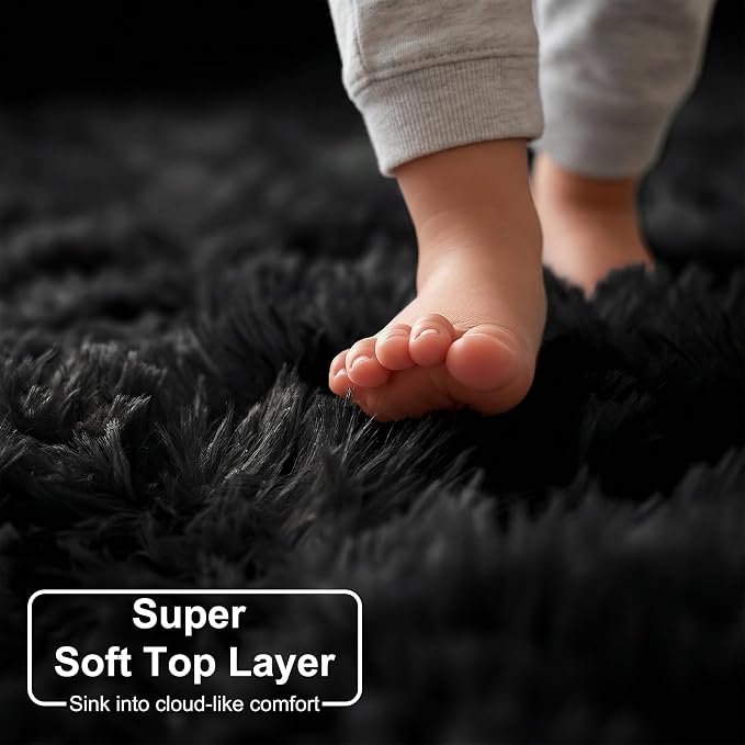 Amdrebio Black Shag Kids Area Rug 5x8 for Boys Bedroom Living Room Playroom | Fluffy Furry Shaggy Plush Comfy Carpet, Classroom Dorm Men Cave Office Apartment Decor, Gothic Aesthetic, Modern Cool Accent
