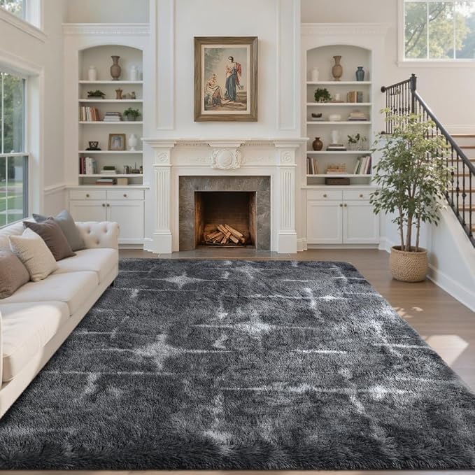 Area Rugs for Living Room 6x9 Feet, Soft Fluffy Shagg Plush Bedroom Rug Non-Slip,Large Carpet for Nursery Kids Dorm Home Decor Starlight Grey