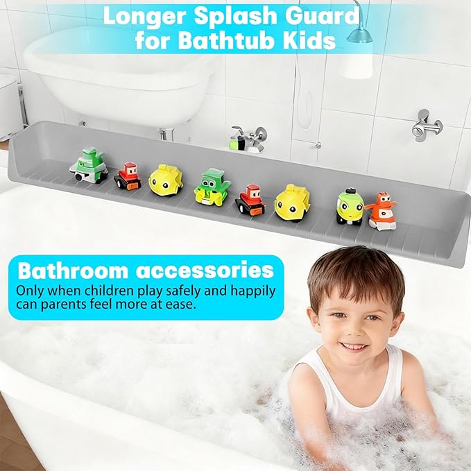 Extra Long White Bathtub Splash Guard Splash Guard Silicone Toy Shelf Holder Prevent Water Spills Kid Bath Tub Accessories (2.6FT, Gray)