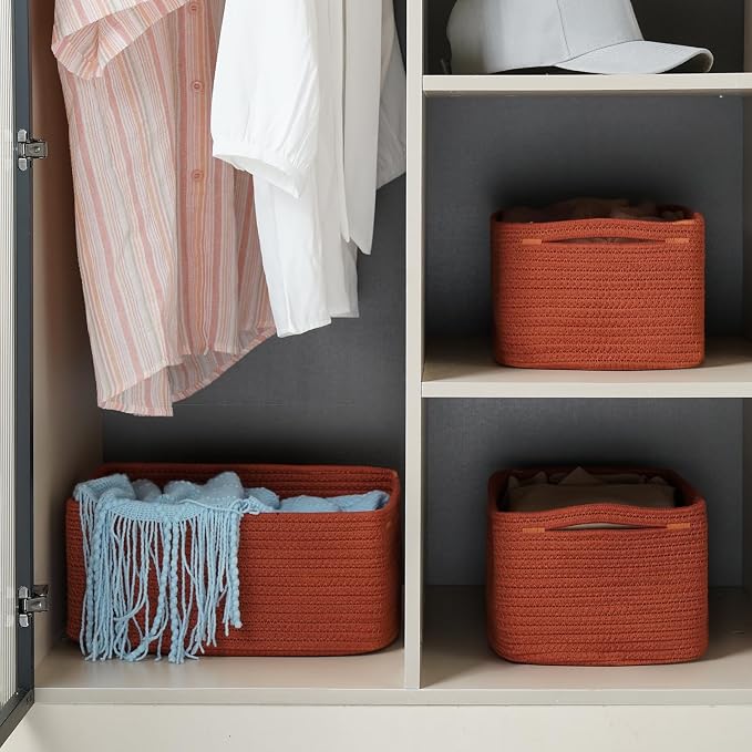 3 Pack Storage Baskets for Organizing, 13.7×9.5×6.3", Brick Red | Woven Baskets for Shelves, Cotton Rope Basket for Gifts Empty, Closet Organizer Bins with Handles, Cube Decorative Box