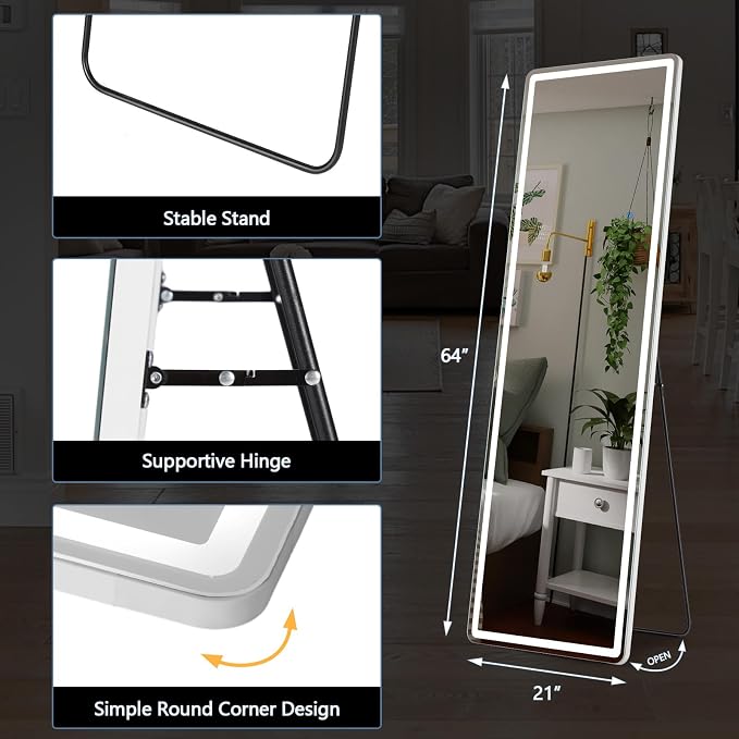 DUMOS LED Mirror Full Length with Stand, 20"x63" Full Body Wall Mirror | LED Lights 3 Color Lighting and Shatterproof Tempered Glass, Wall Hanging or Leaning, Floor Standing, Modern Home Decor