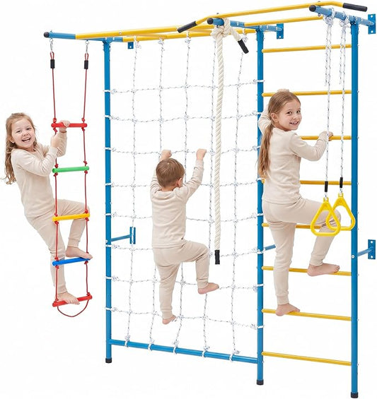 VEVOR Indoor Jungle Gym for Toddlers, 7-in-1 Climbing Playset with Carbon Steel Swedish Ladder, Wall Ladder, Pull-Up Bar, Rope Ladder, and Gymnastic Rings, Supports 220 lbs, Multicolor
