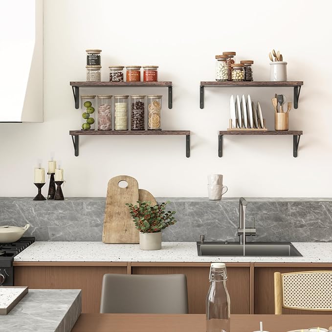 YGEOMER Wall Shelves, 4pcs Different Sizes Dark Carbonized Brown Floating Shelves for Decor