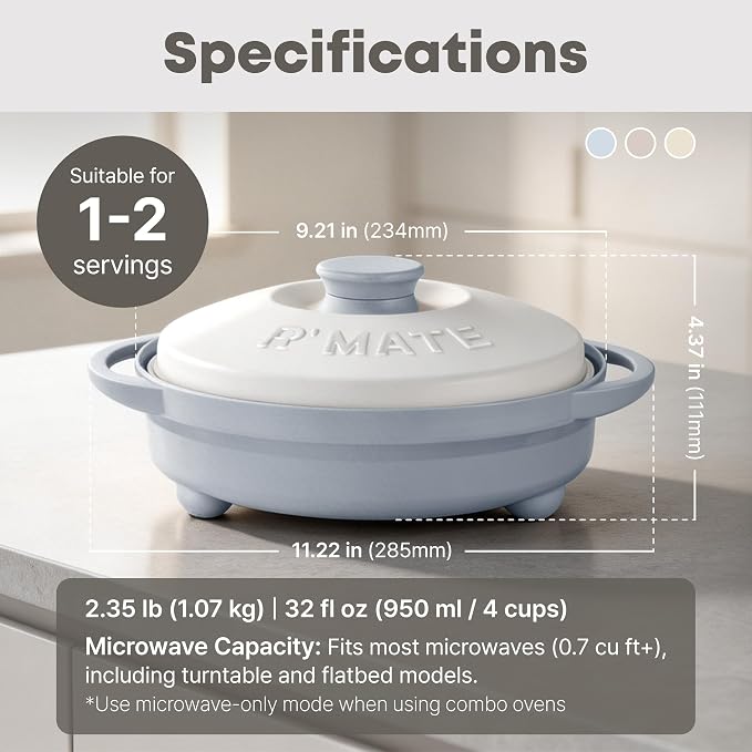 Rangemate Signature Microwave Searing Grill Pan, 750°F (400°C) Searing Crisper with Lid, Quick Meals Multi-Cooker for RV and Dorm, 100% Dishwasher Safe, Coastal Blue