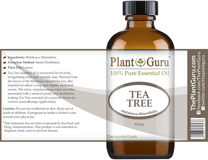 Tea Tree Essential Oil 4 oz. 100% Pure Undiluted Therapeutic Grade Extract of Melaleuca Alternifolia for Skin, Body, Hair Growth, Scalp Dandruff, Acne and Aromatherapy Diffuser Humidifier (Pack of 2)
