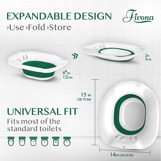 Fivona Sitz Bath for Toilet Seat Postpartum and Hemorrhoids Care - Yoni Steam Seat - Foldable Basin for Epsom Salt Soak - Portable Bidet BPA Free Temperature Resistant - Universal Fit - Dark Green
