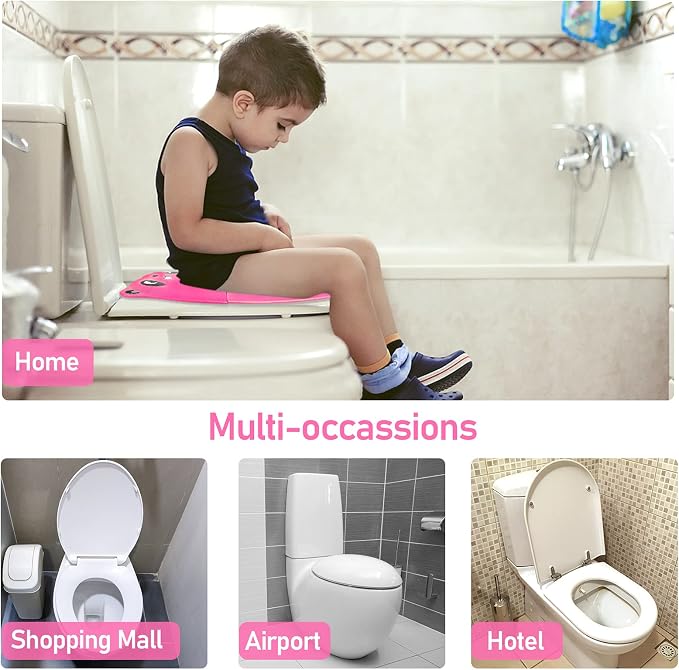 Folding Toilet Seat Toddler, Portable Toilet Training Seat for Kids, Foldable Travel Toddler Toilet Seat in ABS Material with 8 Anti Slip Silicon Pads and 1 Carry Bag, Pink Panda