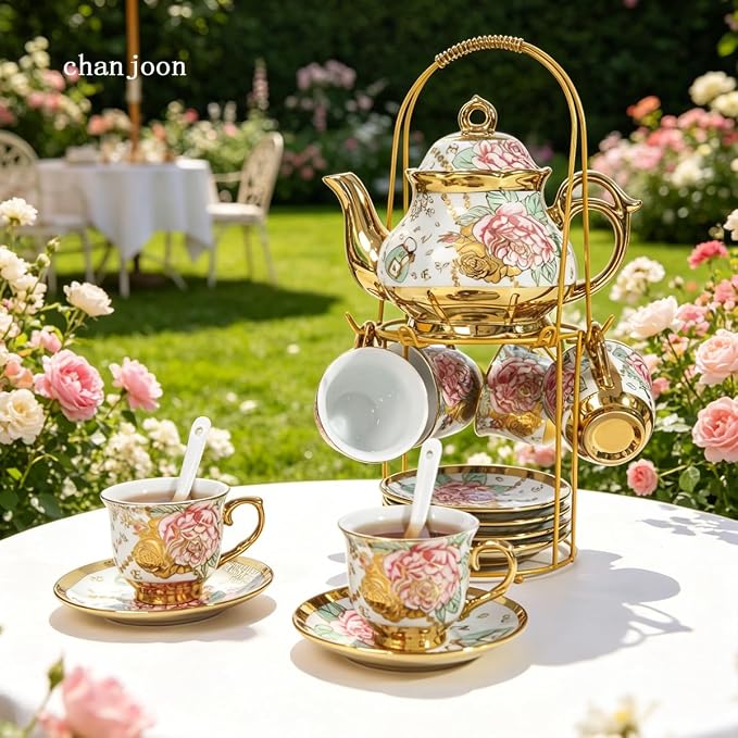 CHANJOON Gold Plated Red Rose Ceramic Tea Set, Vintage Tea Sets with Teapot, Beautiful Tea Set Coffee Serving 6 People (Golden, Medium)