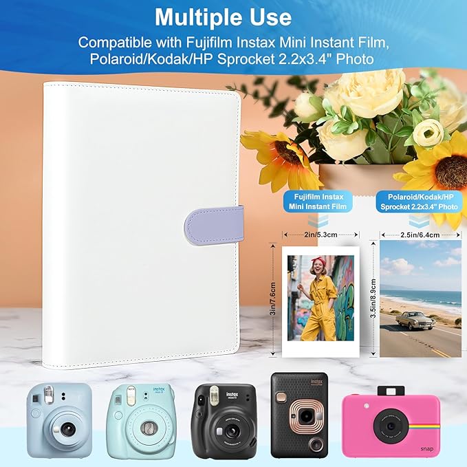2x3 Photo Album,Refillable PU Leather A5 Photocard Binder with Adjustable Page,200 Pockets for Fujifilm Instax Mini 12 11 9 40 99 90 8 7 Evo LiPlay,Polaroid Snap PIC-300 Z2300 Instant Cameras (Purple)