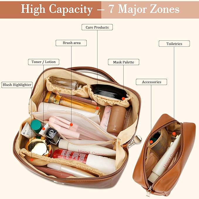 Birthday Gifts for Women Teen Girl, Personalized Initial Makeup Organizer Bag Set, Open Flat Travel Cosmetic Bag With Clear Divider and Handle(Brown,K)