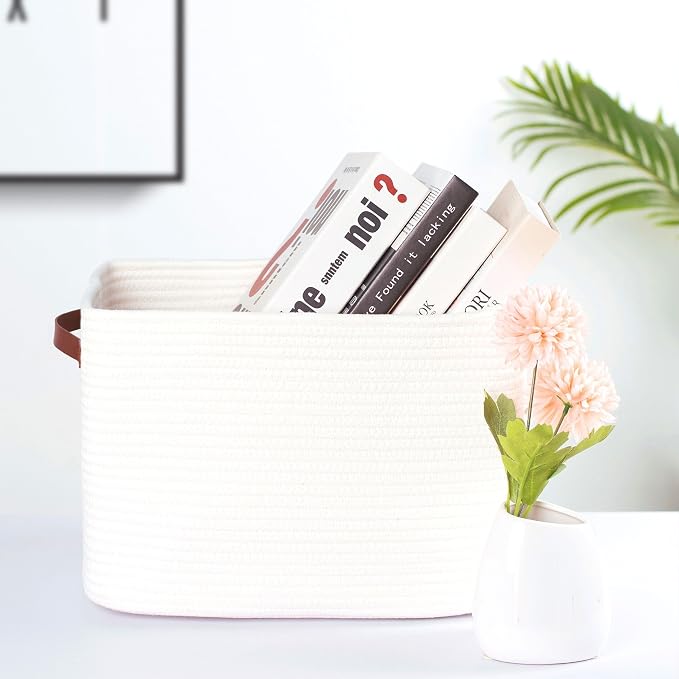 3-Pack Decorative Woven Storage Baskets for Shelves, Cube Bin Box for Organizing Books, Shoes, Dog Toys, Pantry Closet and Living Room Organizer, Creamy White