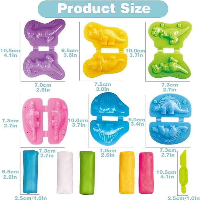 Unleash Creativity with 6 Unique Dino Molds Dough Toys Dough Accessories Set Whit 5 Bright Color .Ideal as a Gift for Kids Aged 3-4-8 Years