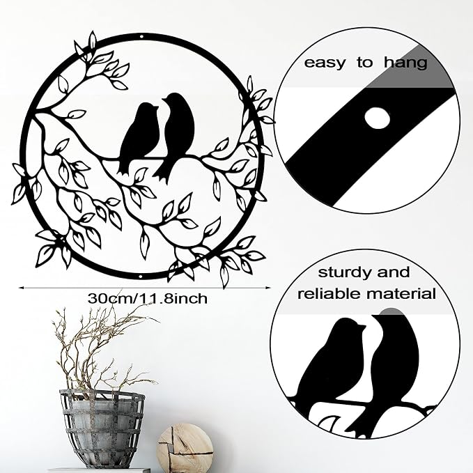 Ferraycle Metal Wall Art Bird on Tree Branch Silhouette Bird Hanging Ornament Porch Wall Decor for Living Room Outdoor Garden Bedroom Office Housewarming Party Decoration(Black)