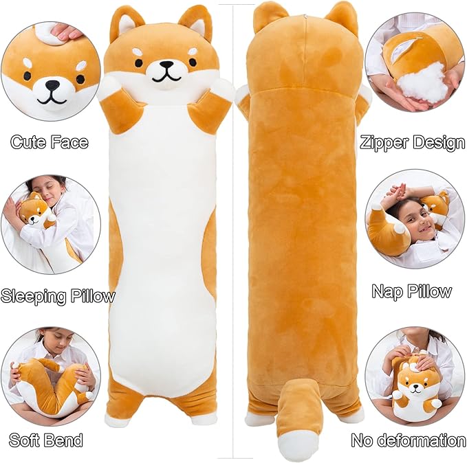 Kekeso Long Shiba Inu Plush Pillow Giant Stuffed Animals Dog Sleeping Pillow Corgi Plush Body Pillow Cartoon Soft Dog Hugging Pillow for Kids Birthday,Valentine,Christmas (Yellow,90cm/35.4inch)