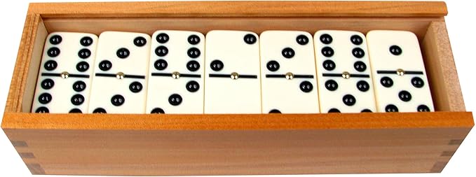Dominoes Set- 28 Piece Double-Six Ivory Domino Tiles Set, Classic Numbers Table Game with Wooden Carrying/Storage Case by Hey! Play! (2-4 Players) , Brown