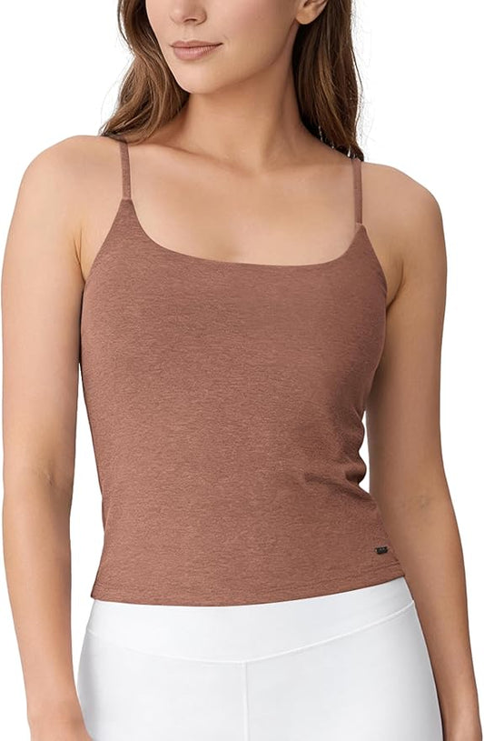 ODODOS Women's Performance Crop Cami Tank with Built-in Bra - Ultra Soft odSTRATUM Tech Spaghetti Straps Yoga Sports Bra