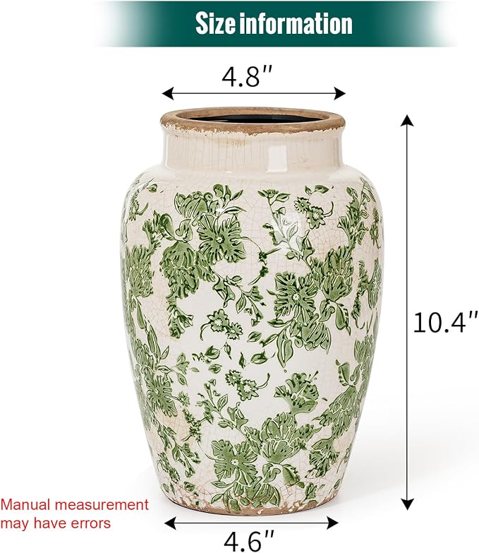Sungmor Ceramic Flower Vase, Vintage Green Ice Cracked Glaze Porcelain Vase | Pretty Home Decor Vase for Flower Arrangement, Fresh Flowers, 10.2 Inch Tall Chinoiserie Pottery Vase, Green Floral Pattern