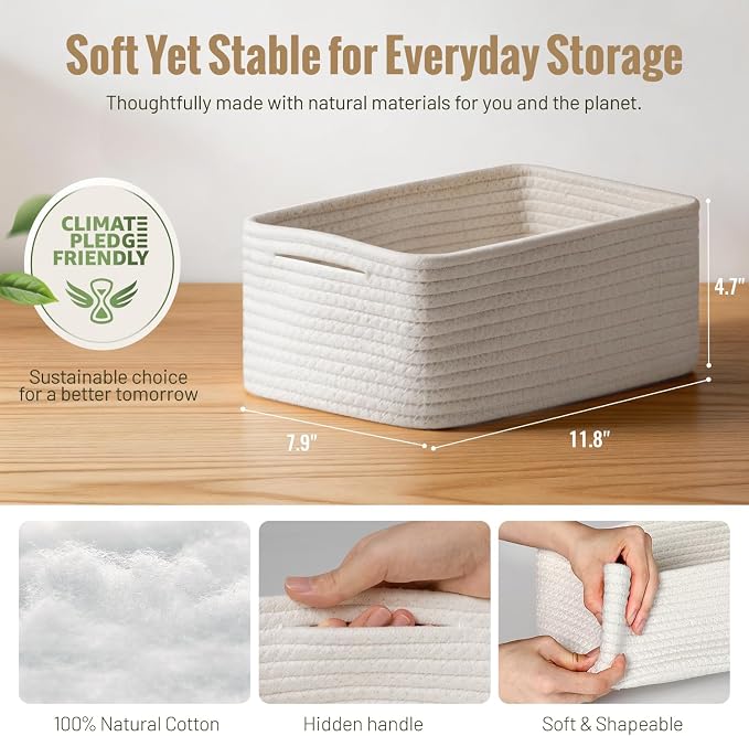 5 Pack Small Woven Storage Baskets for Shelves, Gift Baskets Empty | 11.8"x7.9"x4.7", Decorative Cotton Rope Baskets Organizer, Cute Storage Bins for Organizing Bathroom, Closet, Nursery, White