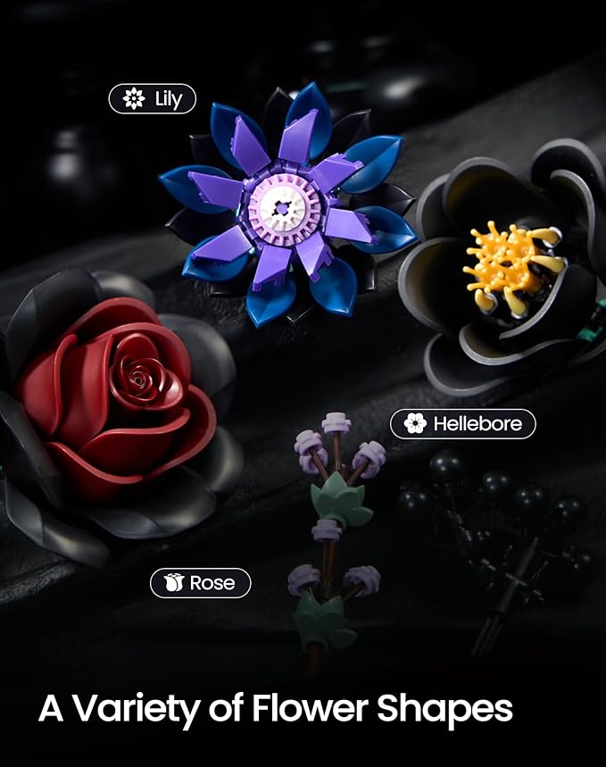 iATOM Halloween Black Burgundy Red Rose Bouquet Building Set, Compatible with Lego Flowers for Adults - Gothic Botanical Collection - Artificial Flowers Home Table Centerpieces Decor - IA1015