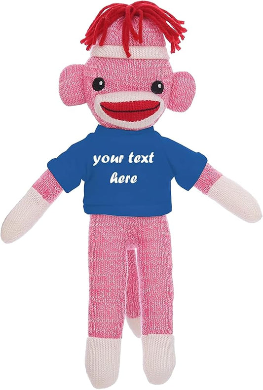 Huggable Pink Sock Monkey 8 Inch, Plush Stuffed Animal Personalized Gift-Custom Text on Shirt-Perfect for Halloween Day, Valentine's Day, Graduation Day, or Birthday Present (Royal)