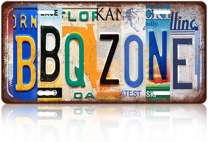 Vintage BBQ Zone License Plate Wall Decor Bar Metal Tin Sign 12 x 6 Inches
