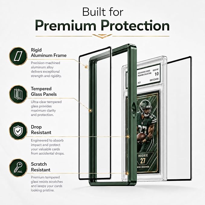 Magenetic Trading Card Slab Protector - Premium Aluminum Graded Card Showcase, Graded Slab Protector with UV-Resistant Tempered Glass, Personalized Slab Bumper for Collectors, Green
