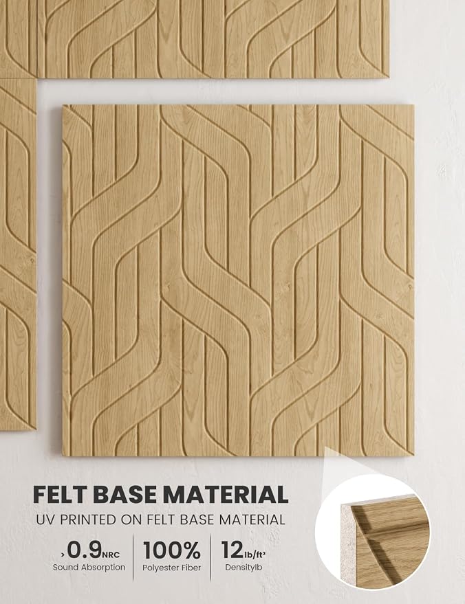 Fluxynara 6-Pack Large Felt Bulletin Board, Natural Oak Artistic | 70.87" x 47.24" Cork Board Alternative, Acoustic Wall Panels with 60 Adhesive Tabs for Recording Studios and Home Offices