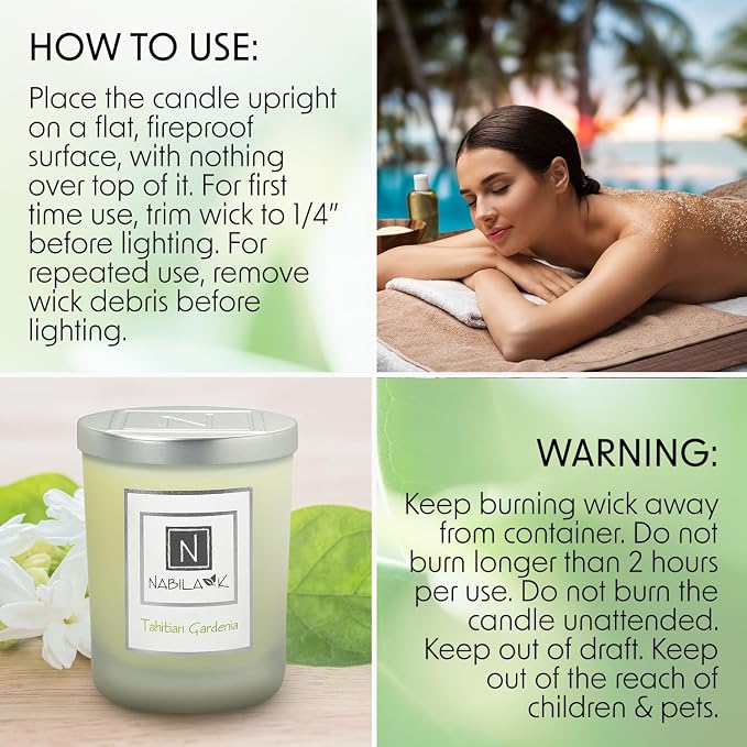 Nabila K - Tahitian Gardenia - Soy-Based Candle - Lemon, Cinnamon, Jasmine, Sweet Muguet & Spicy Coriander - Hand-Poured - Cotton Wick - Aromatherapy Candle w/Essential Oils - Made in USA - 14 oz