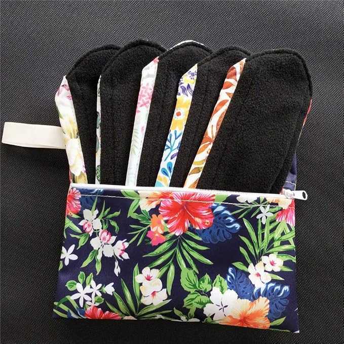7pcs/Set Reusable Menstrual Pads Including 1pc Mini Wet Bag +6pcs Bamboo Charcoal Cloth Menstrual Incontinence Pads/Reusable Sanitary/Mama Panty Liners (All Randomly Prints)