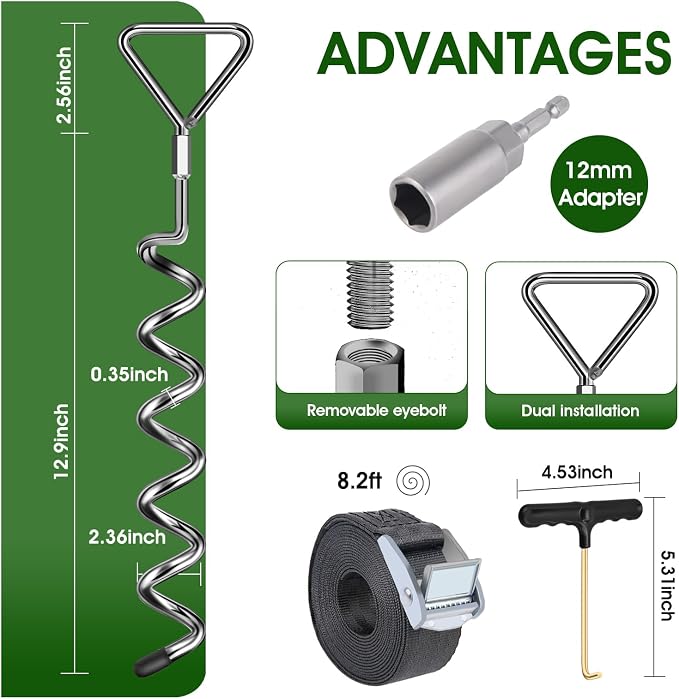 Trampoline Stakes Ground Anchors Screw in, Trampoline Anchors with Strong Straps, Spiral Earth Swing Set Anchor Heavy Duty for Trampolines(Silver-4Pack)