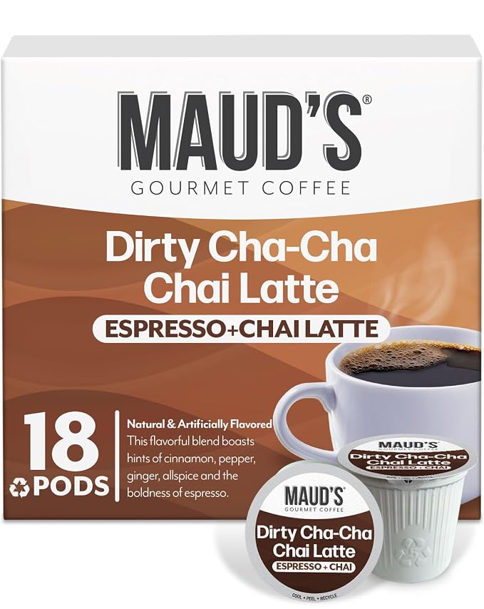 Maud's Espresso Chai Tea Latte Pods, 18 ct, Single Serve Tea Pods - 100% Gourmet Blended Tea Leaves, Compatible with Keurig K Cups Maker